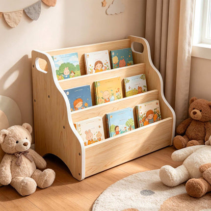 Pārnēsājams bērnu grāmatu plaukts – dabīgs koks, 3 līmeņi, MDF