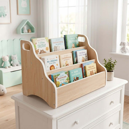 Pārnēsājams bērnu grāmatu plaukts – dabīgs koks, 3 līmeņi, MDF