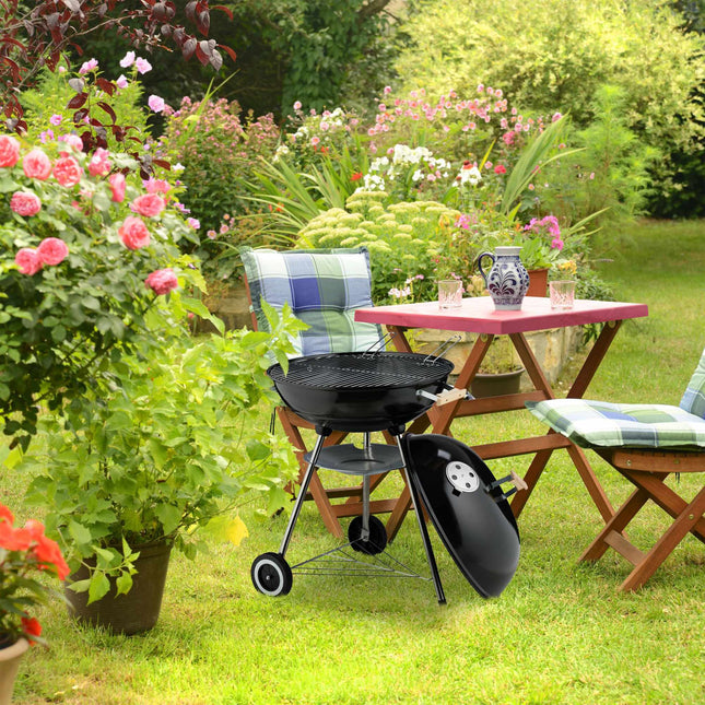 Pārnēsājams tējkannas BBQ grils ar vāku un riteņiem