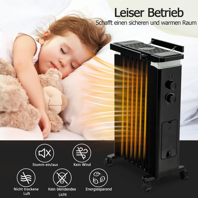Pārnēsājams eļļas radiators ar 3 siltuma iestatījumiem un universāliem riteņiem, melns