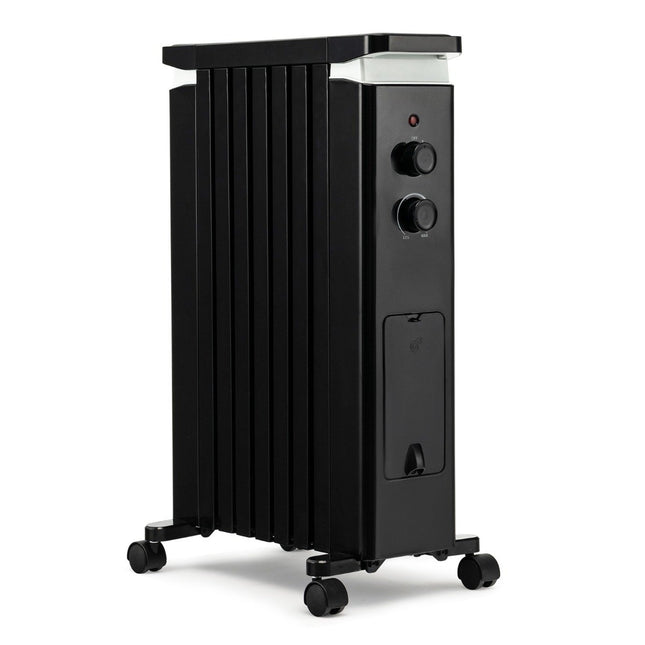 Pārnēsājams eļļas radiators ar 3 siltuma iestatījumiem un universāliem riteņiem, melns