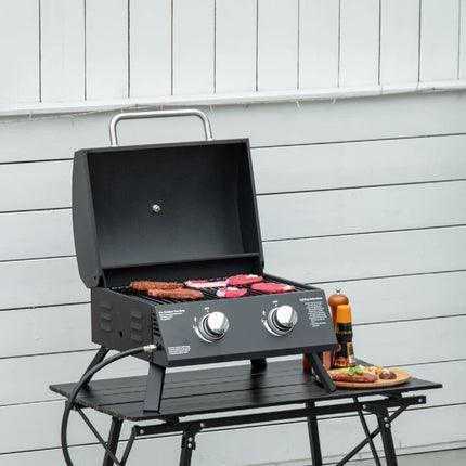 Galda Grils Mobilais Gāzes Grils Bbq Ar 2 Degļiem, Grila Tīkls, Āra, Nerūsējošā Tērauda, Melns, 55X46.5X41Cm, Mazs, Piknikam