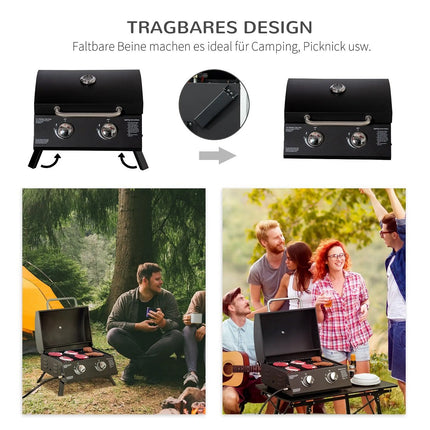 Galda Grils Mobilais Gāzes Grils Bbq Ar 2 Degļiem, Grila Tīkls, Āra, Nerūsējošā Tērauda, Melns, 55X46.5X41Cm, Mazs, Piknikam