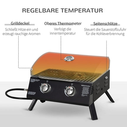 Galda Grils Mobilais Gāzes Grils Bbq Ar 2 Degļiem, Grila Tīkls, Āra, Nerūsējošā Tērauda, Melns, 55X46.5X41Cm, Mazs, Piknikam