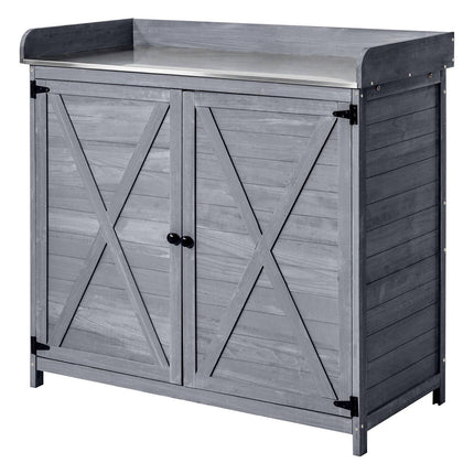 Potting Bench with Cabinet, Galvanized Top, Gray