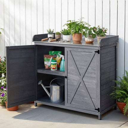 Potting Bench with Cabinet, Galvanized Top, Gray