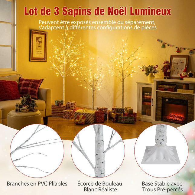 Iepriekš apgaismotu bērzu eglīšu komplekts, 3 gab. iepakojumā, 120-180 cm, siltas gaismas diodes