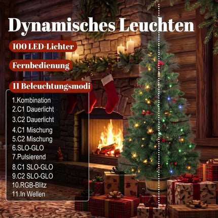 Pre-Lit Christmas Tree 120 cm with Pine Cones and Berries, 100 LEDs, Barrel Pot
