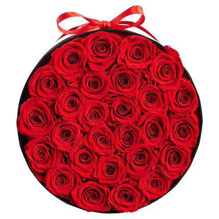 Preserved Roses, 27 in Round Box, Bright Red