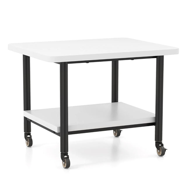 Printer table with 2 levels and lockable wheels, printer stand, printer trolley, white
