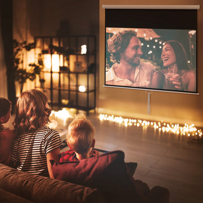 Projektora ekrāns 172 x 96 cm manuāls projekcijas ekrāns, ruļļveida ekrāns 4K, HD, filmu ekrāns mājas kinozālei un prezentācijām, balts