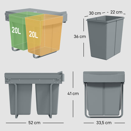 Izvelkama atkritumu tvertne, 2 x 20 l, izņemamas tvertnes, pelēka