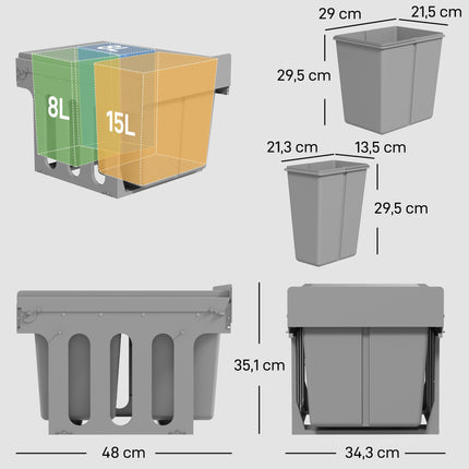 Izvelkama atkritumu tvertne, 3 nodalījumi, 15 l + 8 l x 2, mīkstā aizvēršana