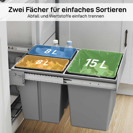Izvelkama atkritumu tvertne, 3 nodalījumi, 15 l + 8 l x 2, mīkstā aizvēršana