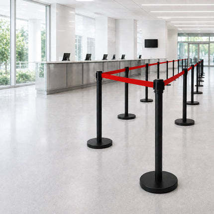 Queue Barrier Posts Set of 2 with 3 m Retractable Belt, Black, Red
