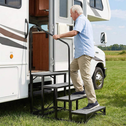 RV Steps With Handrail, 4-Step, 660 lb, Non-Slip