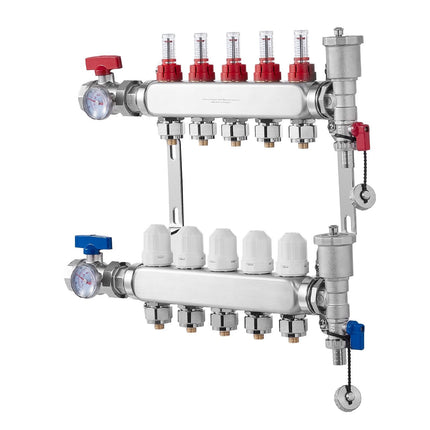Radiant Heat PEX Manifold, 5-Loop, Stainless Steel, 1/2 in Adapters