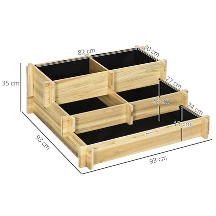 Paaugstināta puķu dobe, 3 līmeņu puķu kaste, augu dobe ar auduma oderi, garšaugu dobe, puķu kāpnes balkonam, dārzam, dabīgs koks, 93 x 93 x 35 cm