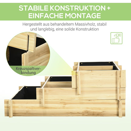 Paaugstināta puķu dobe, 3 līmeņu puķu kaste, augu dobe ar auduma oderi, garšaugu dobe, puķu kāpnes balkonam, dārzam, dabīgs koks, 93 x 93 x 35 cm