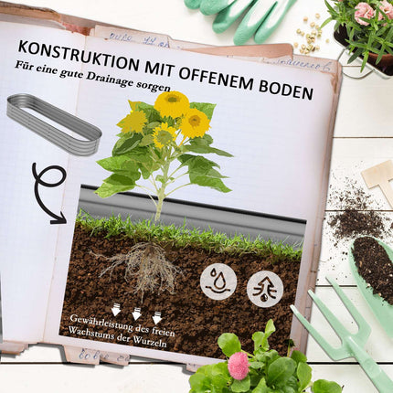 Paaugstināta dobe, metāla puķu kaste, 150 x 62 x 30 cm, dārzeņu dobe, DIY puķu kaste ar atvērtu pamatni, dārza balkonam, garšaugu dobe, sudraba krāsā