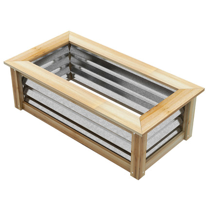 Paaugstināta puķu dobe, metāla, koka rāmja, puķu kaste dārzam, balkonam, dabīga, 90x45x30 cm