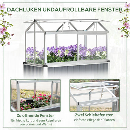 Weatherproof steel raised bed with greenhouse, dark grey