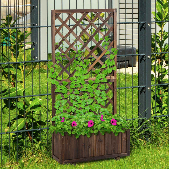 Paaugstināta dobe ar režģa puķu kasti, izgatavota no koka, 72,5x31,5x149,5 cm, vīteņaugiem un rozēm