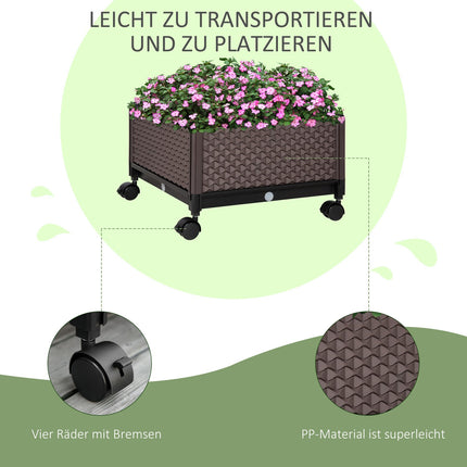 Paaugstināta Puķu Dobe Uz Riteņiem Pārvietojama Puķu Kaste Ar Drenāžas Caurumiem, Plastmasas Puķu Pods, Brūna, 50X50X33Cm