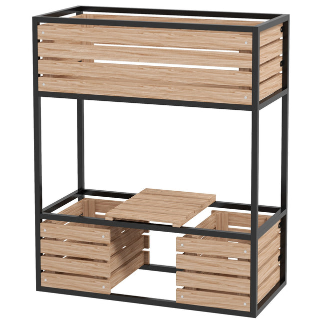 Paaugstināta dobe no koka, divstāvu puķu kaste ar plauktu, paaugstināta dārzeņu dobe ar iekšējo flīsu, garšaugu dobe, gaiši brūna, 83 x 39 x 100 cm