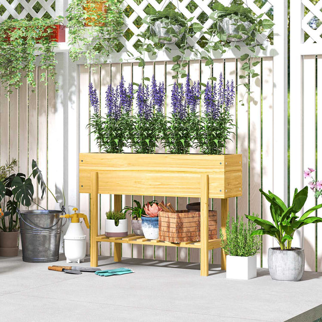 Raised wooden planter box with shelf and drainage, 100x30x70.5 cm