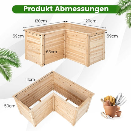 Paaugstinātas dobes koka puķu kaste balkonam, dārzam, terasei, garšaugu dobei, puķu kastei, 120 x 120 x 63 cm, dabīga krāsa