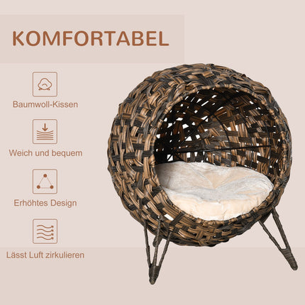 Kaķu gultas spilvens ar rotangpalmu, paceltām kājām, kaķu guļvieta, brūna, Ø52x58cm