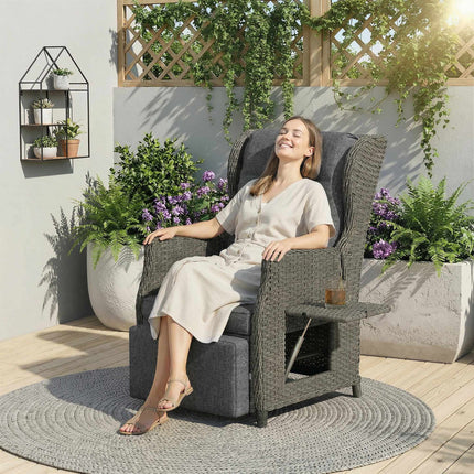 Rattan Recliner Chair with Footrest and Folding Side Table, Dark Grey