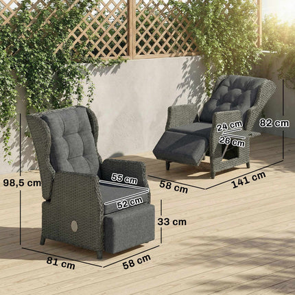 Rattan Recliner Chair with Footrest and Folding Side Table, Dark Grey
