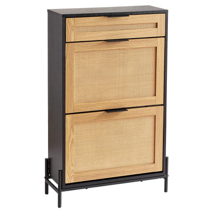 Rattan Shoe Cabinet, Slim 2 Flip Drawers, Slide Drawer, Black