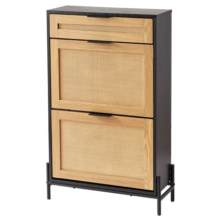 Rattan Shoe Cabinet, Slim 2 Flip Drawers, Slide Drawer, Black