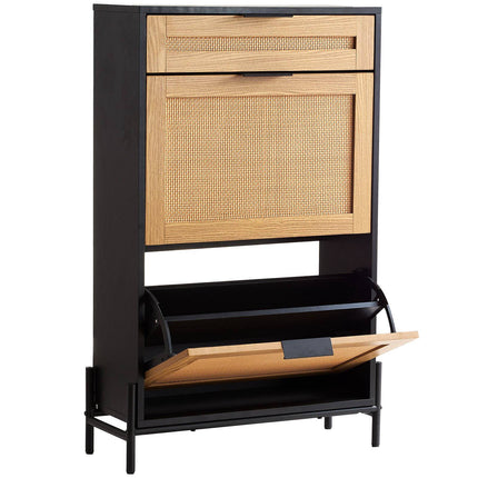 Rattan Shoe Cabinet, Slim 2 Flip Drawers, Slide Drawer, Black