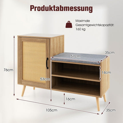 vidaXL rotangpalmas apavu skapis ar soliņu, 2-in-1 apavu pārtinamais sols ar 3 regulējamiem plauktiem, 105 x 35 x 76 cm, dabīgs