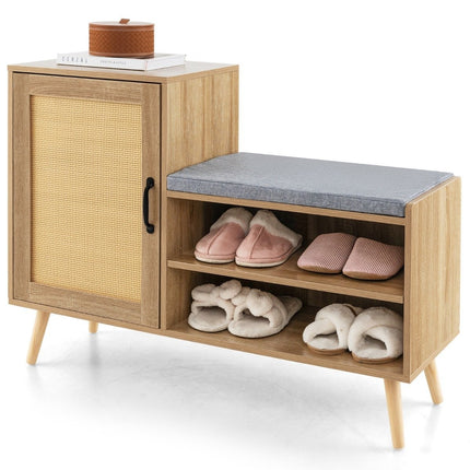 vidaXL rotangpalmas apavu skapis ar soliņu, 2-in-1 apavu pārtinamais sols ar 3 regulējamiem plauktiem, 105 x 35 x 76 cm, dabīgs