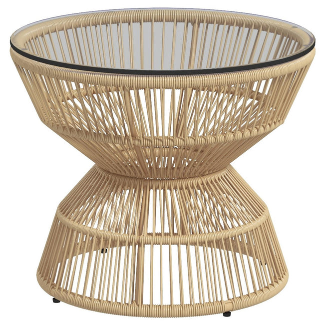 Rotangpalmas sānu galdiņš, Ø60 cm, kafijas galdiņš, dārza galds ar rūdīta stikla virsmu, balkona galdiņš bohēmiskā dizainā, kafijas galdiņš, dabīgs koks