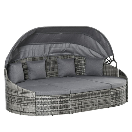 vidaXL rotangpalmas saules salas atpūtas krēsls ar saules nojumi, 4 spilveni, metāls, pelēks, 230 x 145 x 80 cm