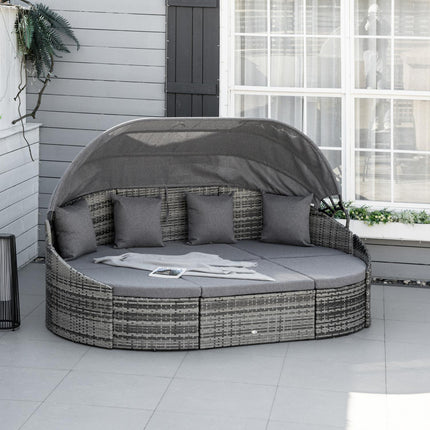 vidaXL rotangpalmas saules salas atpūtas krēsls ar saules nojumi, 4 spilveni, metāls, pelēks, 230 x 145 x 80 cm