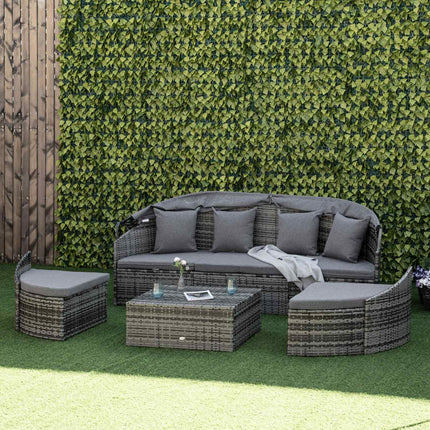 vidaXL rotangpalmas saules salas atpūtas krēsls ar saules nojumi, 4 spilveni, metāls, pelēks, 230 x 145 x 80 cm