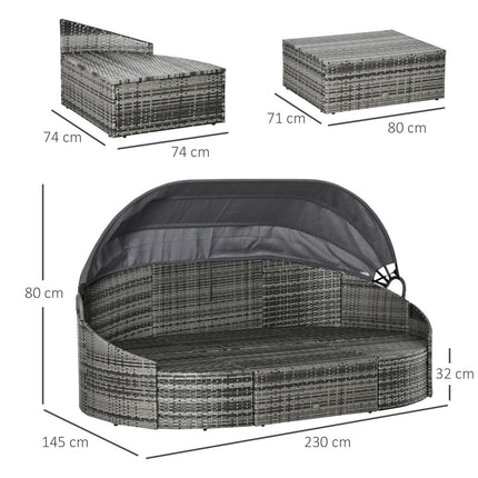vidaXL rotangpalmas saules salas atpūtas krēsls ar saules nojumi, 4 spilveni, metāls, pelēks, 230 x 145 x 80 cm