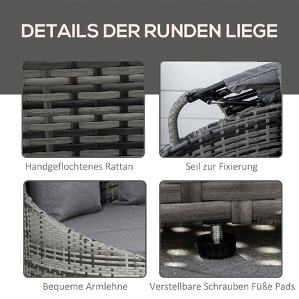 vidaXL rotangpalmas saules salas atpūtas krēsls ar saules nojumi, 4 spilveni, metāls, pelēks, 230 x 145 x 80 cm