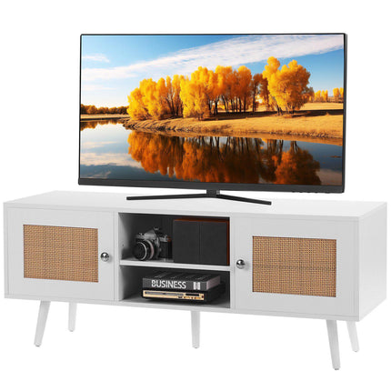 Rattan TV Stand for 55-Inch TV, White, Adjustable Shelf