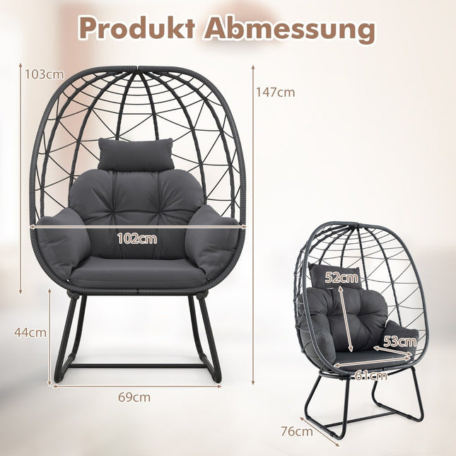 Rattan Wicker Chair with Removable Cushion &amp; Metal Frame Oversized Lounge Chair Gray
