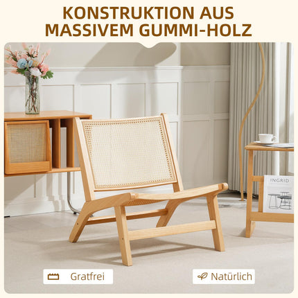 Rotangpalmas krēsls, lasīšanas krēsls, koka rāmis, plats sēdeklis, 64 x 70 x 74 cm, dabīgs koks
