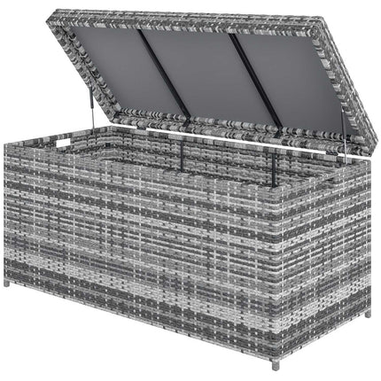 Rotangpalmas spilvenu kaste, 380 l, laikapstākļiem izturīga spilvenu kaste ar vāku, uzglabāšanas vieta, UV izturīgs, 130 x 61 x 65 cm, tumši pelēka