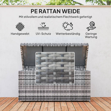 Rotangpalmas spilvenu kaste, 380 l, laikapstākļiem izturīga spilvenu kaste ar vāku, uzglabāšanas vieta, UV izturīgs, 130 x 61 x 65 cm, tumši pelēka